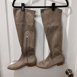 Calvin Klein‎ Taupe Microfiber Over-the-Knee Boots Side Zip Flat Heel-8.5